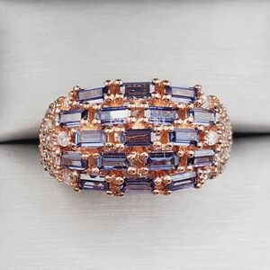 Baguette Tanzanite & Diamond Simulants Rose Gold 925 Sterling Silver Ring